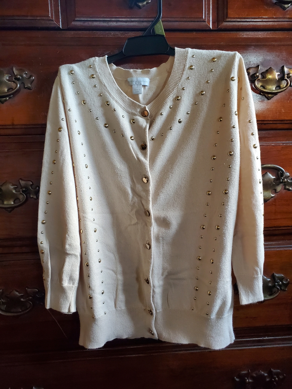 New York & Company Cream Cardigan with Gold Stud Accents